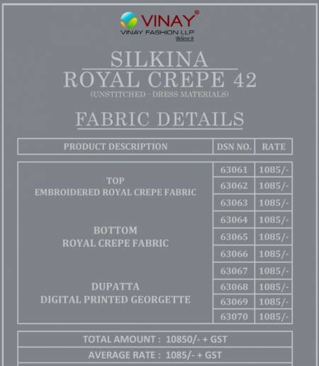 Vinay Silkina Royal Crepe 42 Fancy Regular Wear Dress Material Catalog
